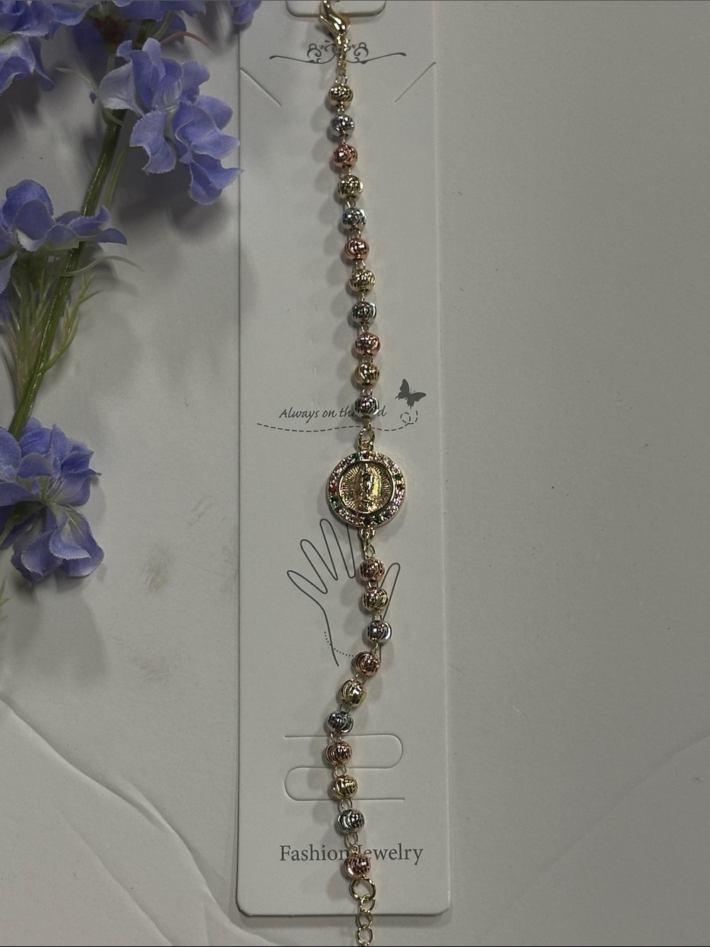 Tri-Tone Saint Medallion Bead Bracelet - Gold, Rose & Silver